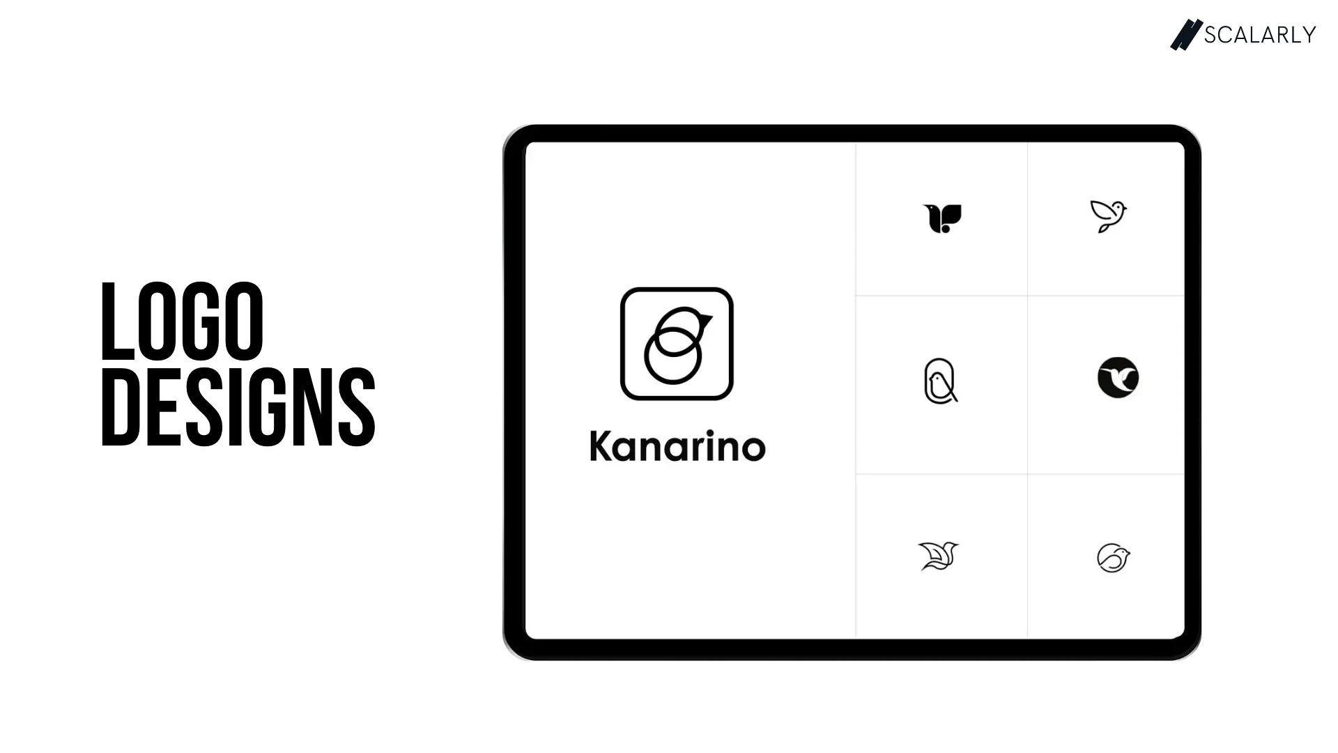 Mockup de tableta, logotipo de Kanarino y una retícula de estudios de símbolo entre cámara y pájaro.