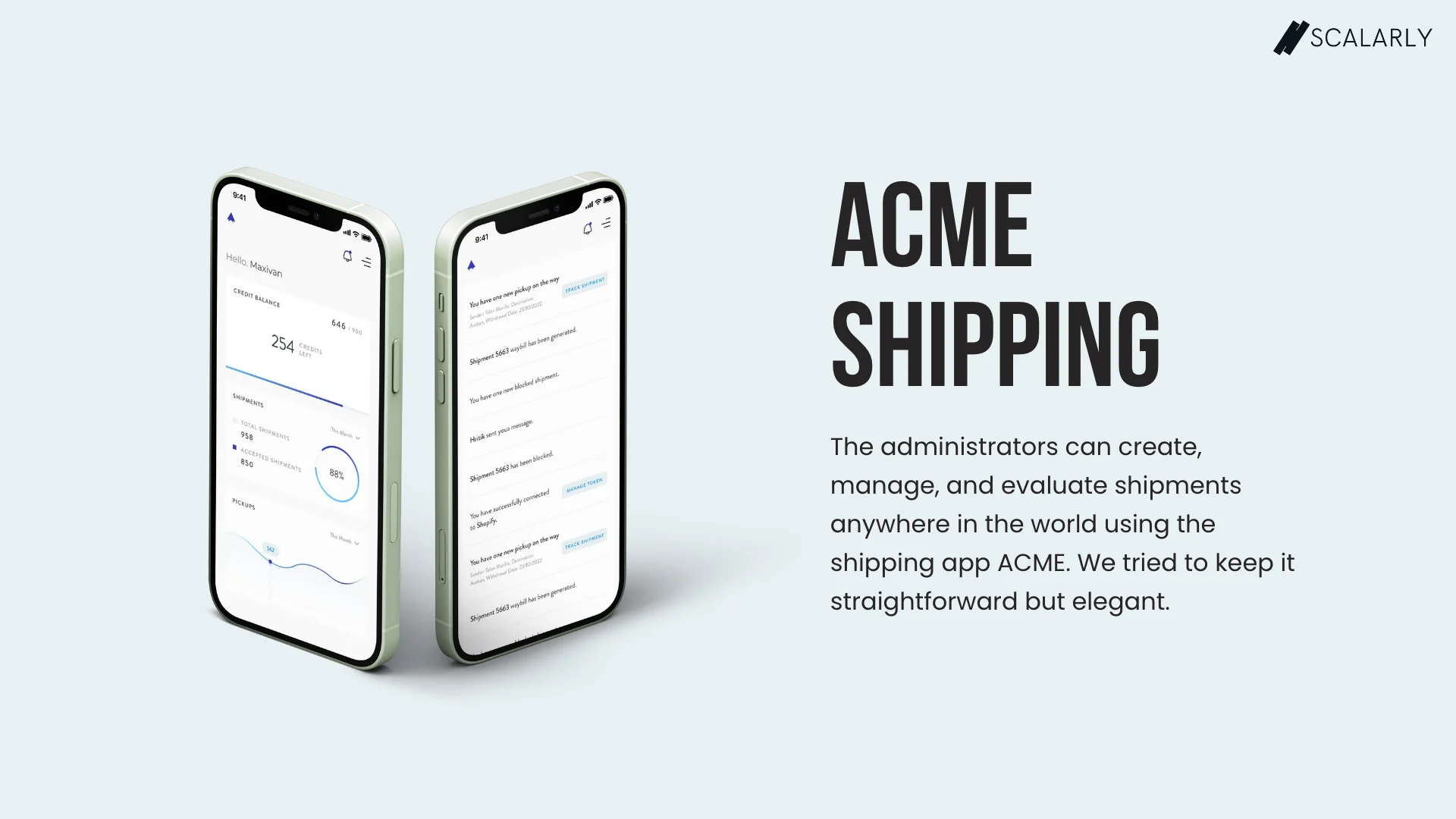 Paneles móviles de ACME Shipping para crédito, seguimiento, analítica y actividad reciente.