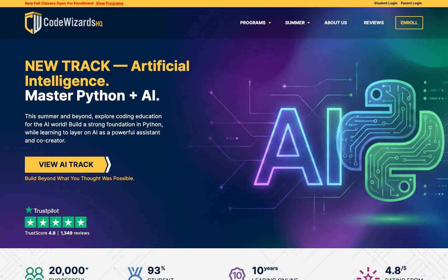 Página de inicio de CodeWizardsHQ con formación en Python e IA para niños y adolescentes.