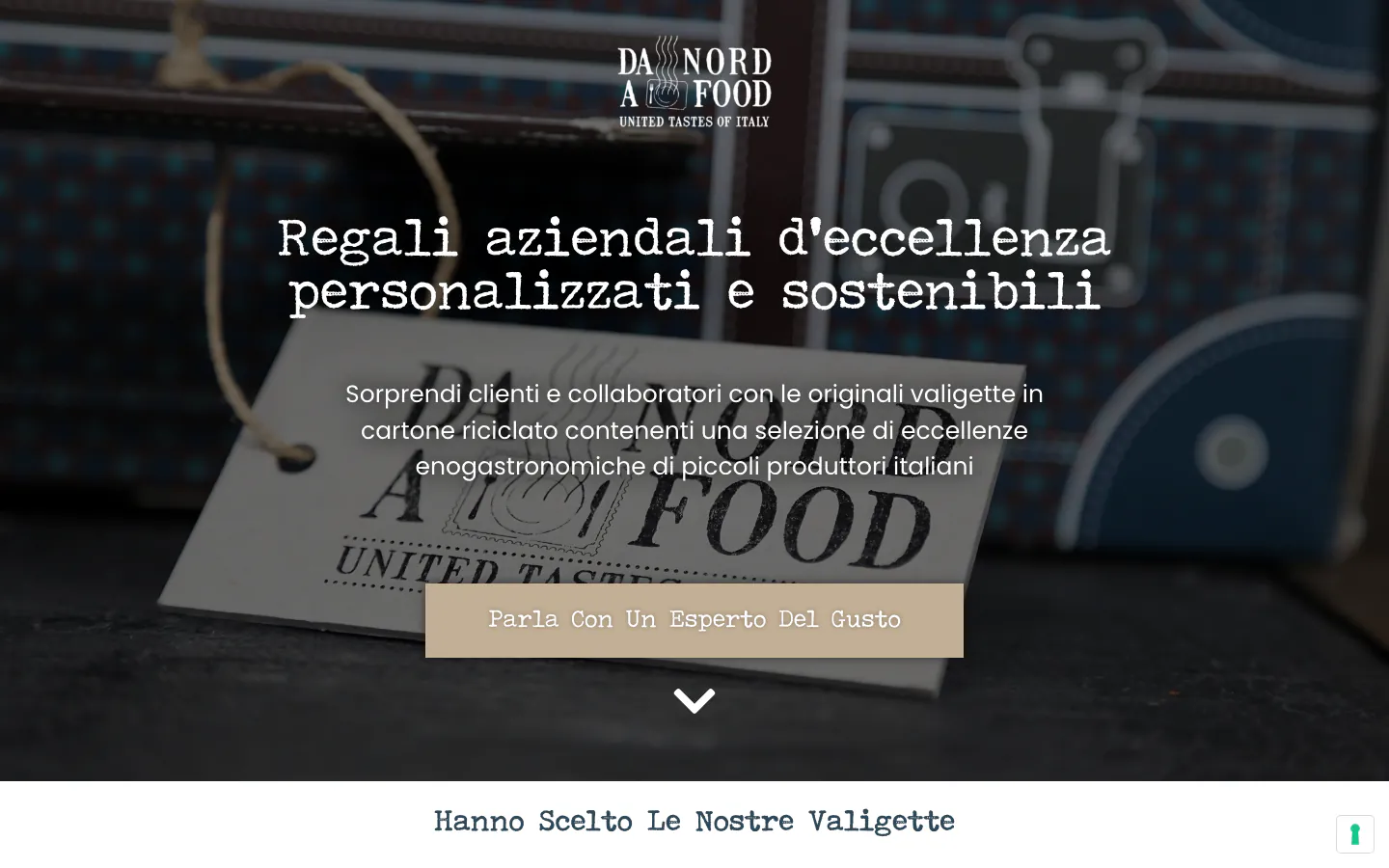 Estuche de regalo gastronómico personalizado detrás del titular de regalos de empresa de Da Nord a Food.