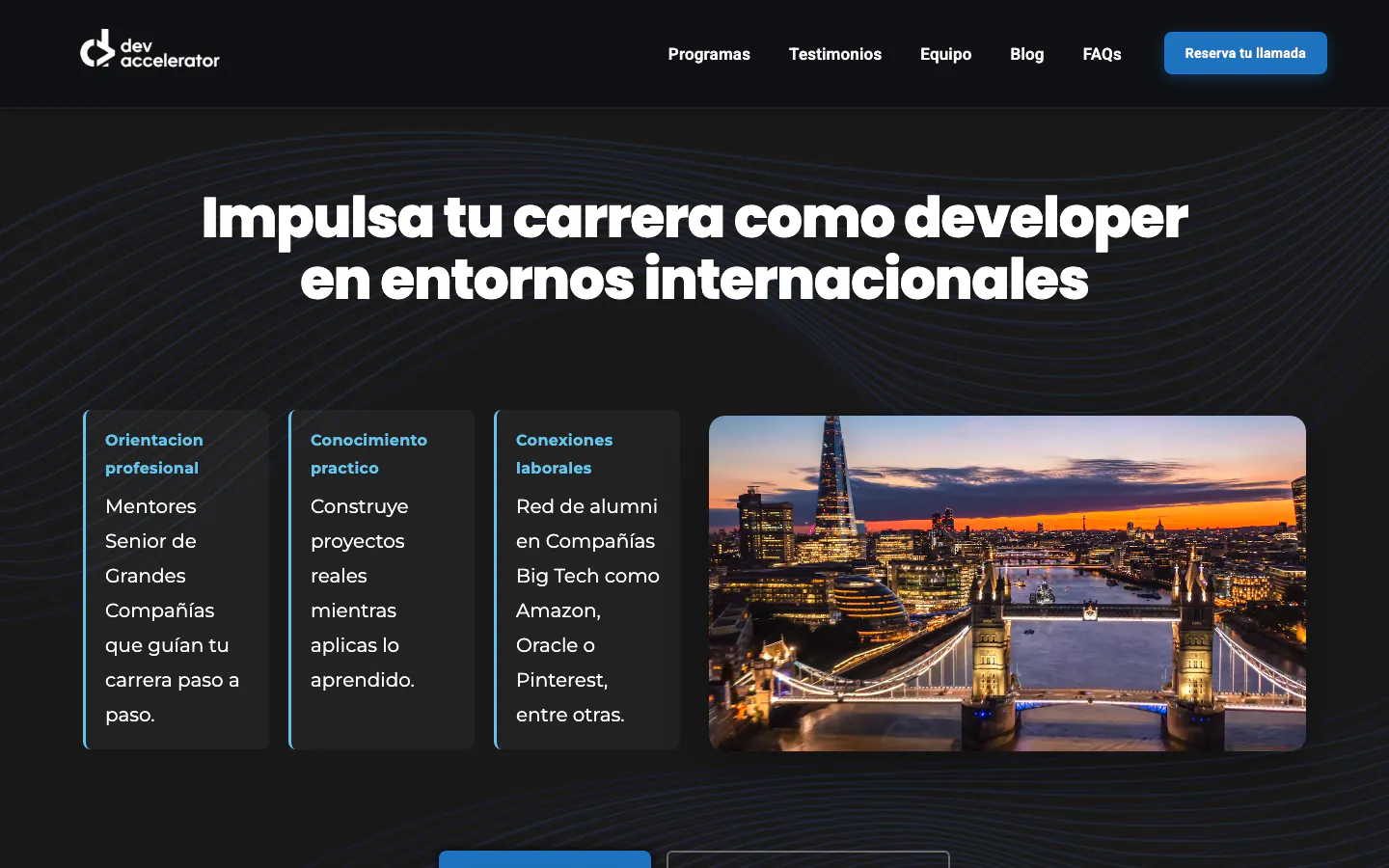 Página de inicio oscura de DevAccelerator sobre el crecimiento profesional de los desarrolladores de software.