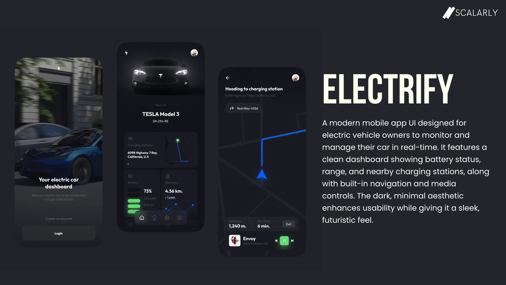 Tres pantallas oscuras de la app Electrify para onboarding, autonomía, navegación y multimedia.