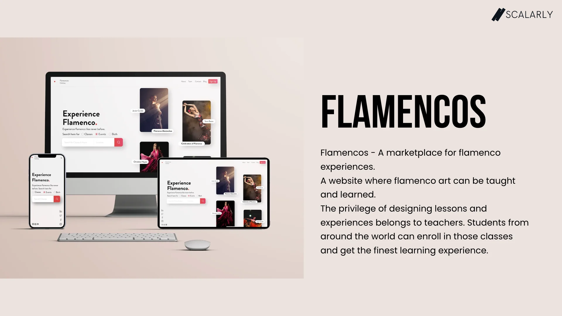 Marketplace Flamencos en rosa claro con tarjetas de bailaoras y clases en diseños responsive.
