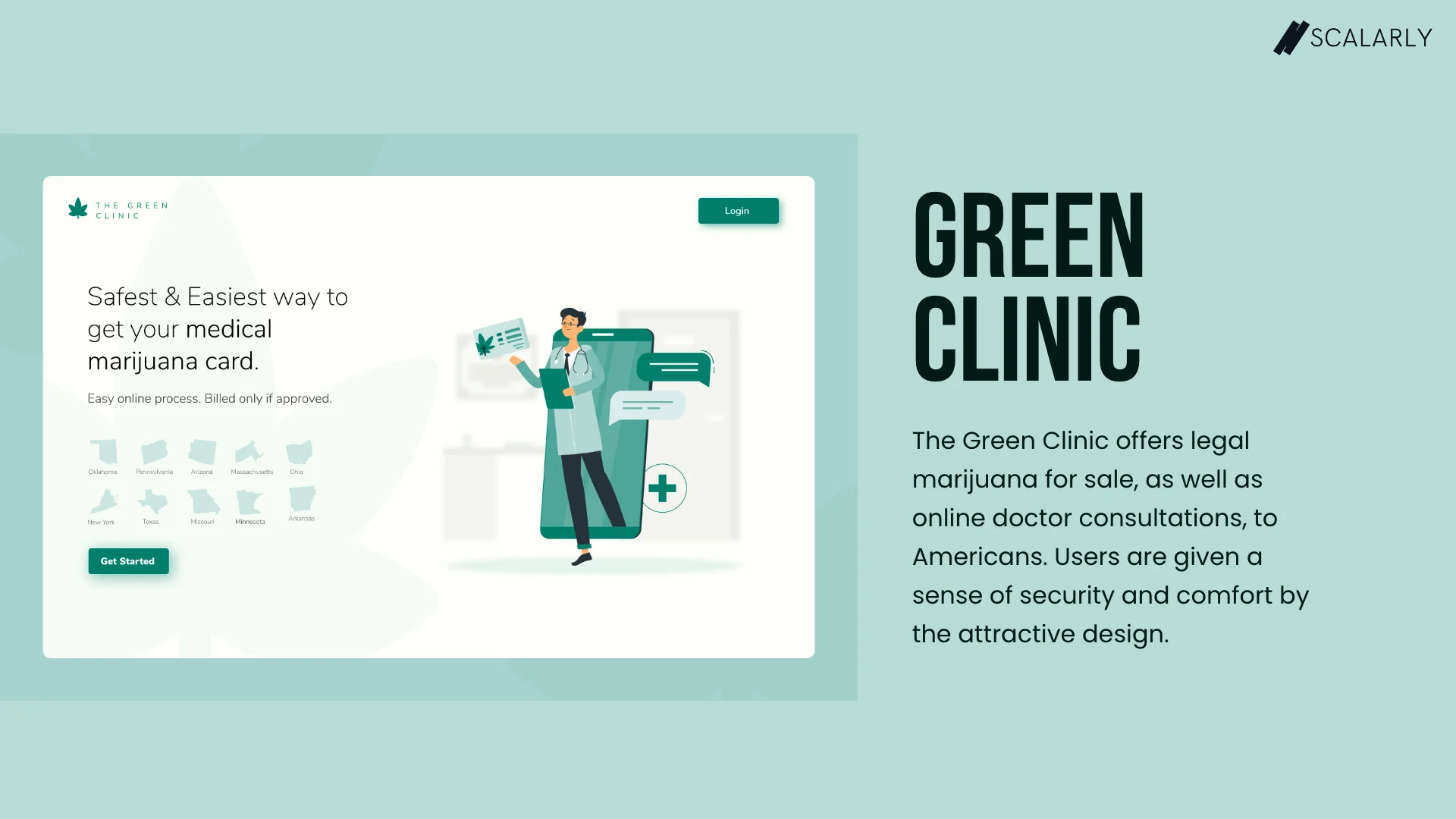 Landing turquesa de atención a distancia de Green Clinic con un médico, una ilustración de móvil y un selector de estado.