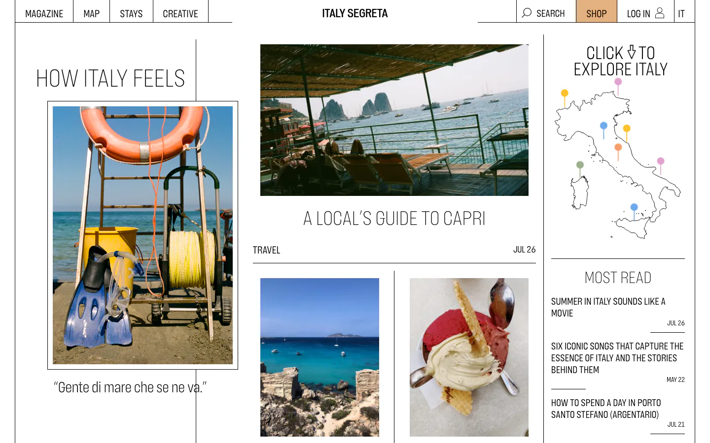 Retícula editorial de Italy Segreta con fotografía italiana de viajes, cultura y gastronomía.
