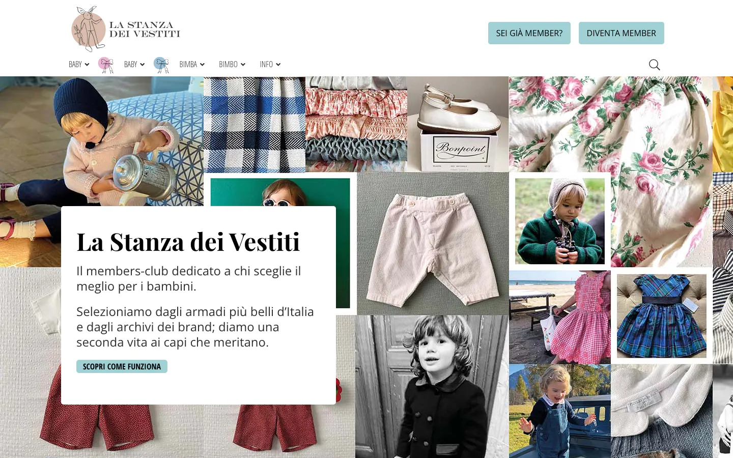 Página de inicio del club de socios La Stanza dei Vestiti sobre imágenes de moda infantil circular.