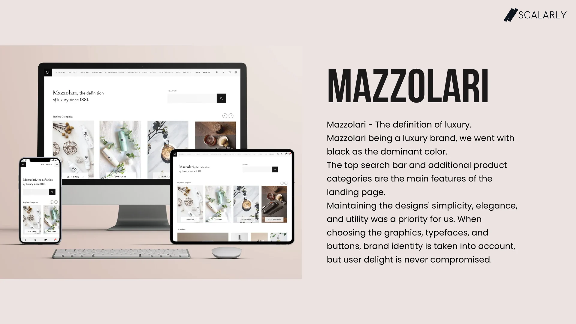 Tienda de cosmética de lujo Mazzolari en mockups de escritorio, tableta y móvil.