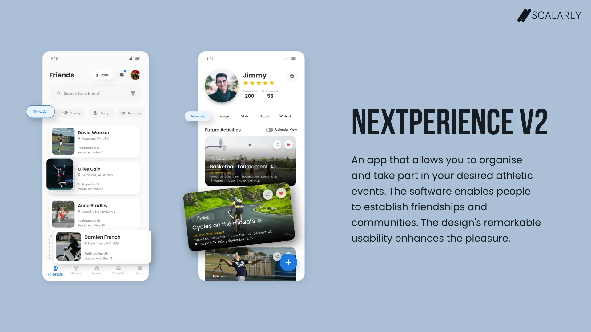 Pantallas de comunidad deportiva de Nextperience V2 con amigos, un perfil de atleta y eventos.