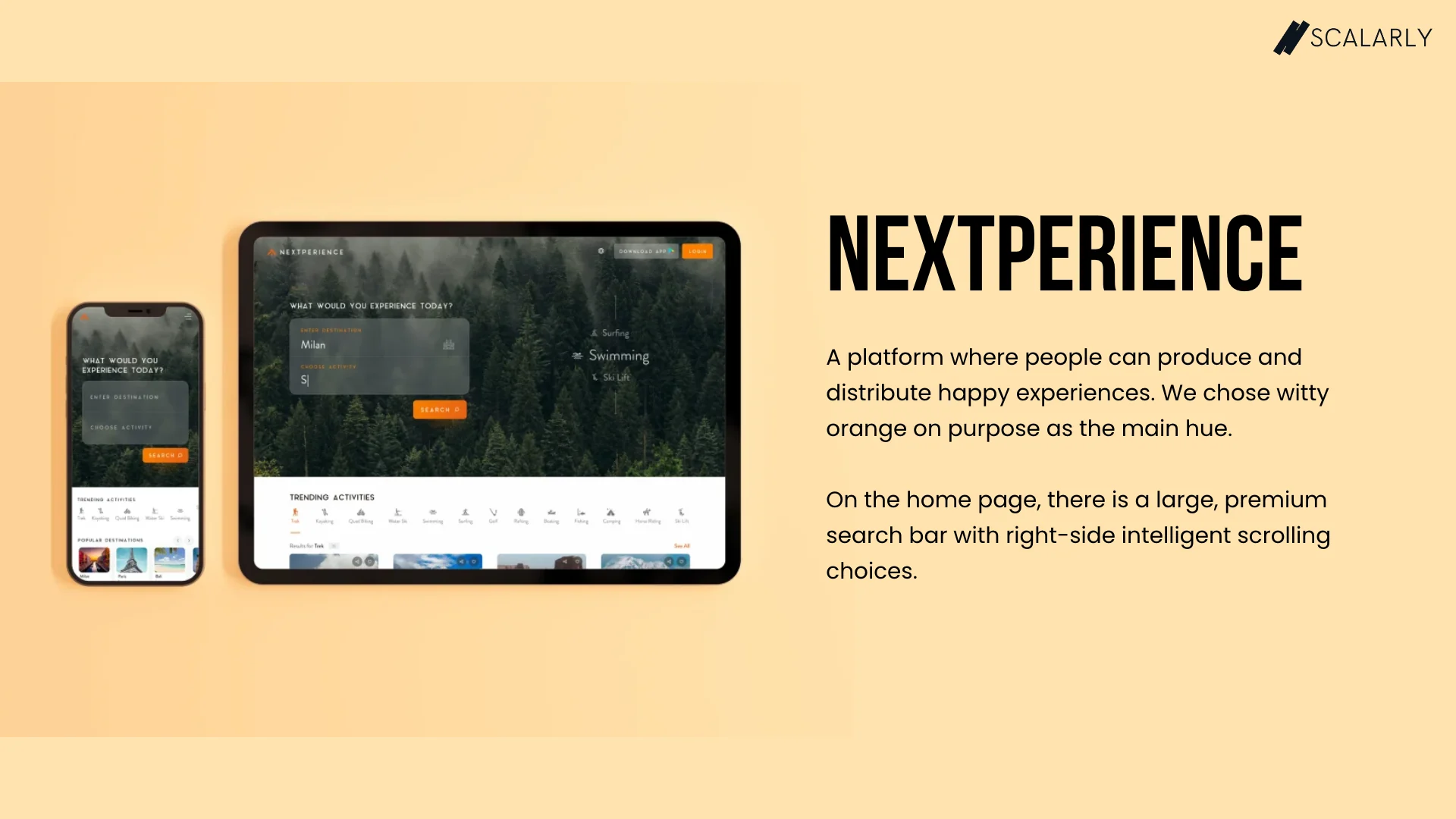 Marketplace naranja de Nextperience con buscador de descubrimiento, testimonios y categorías de actividades.