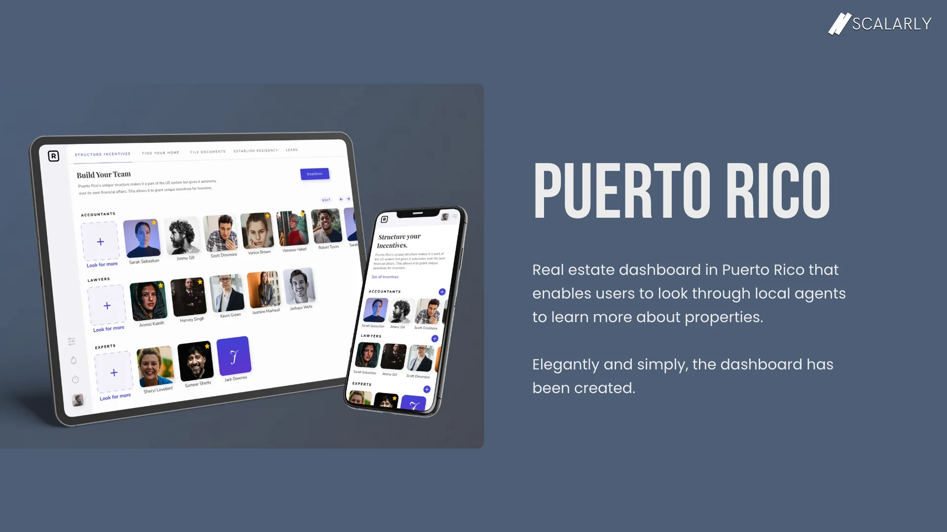 Panel del equipo inmobiliario de Puerto Rico con fichas de contable, abogado y experto.