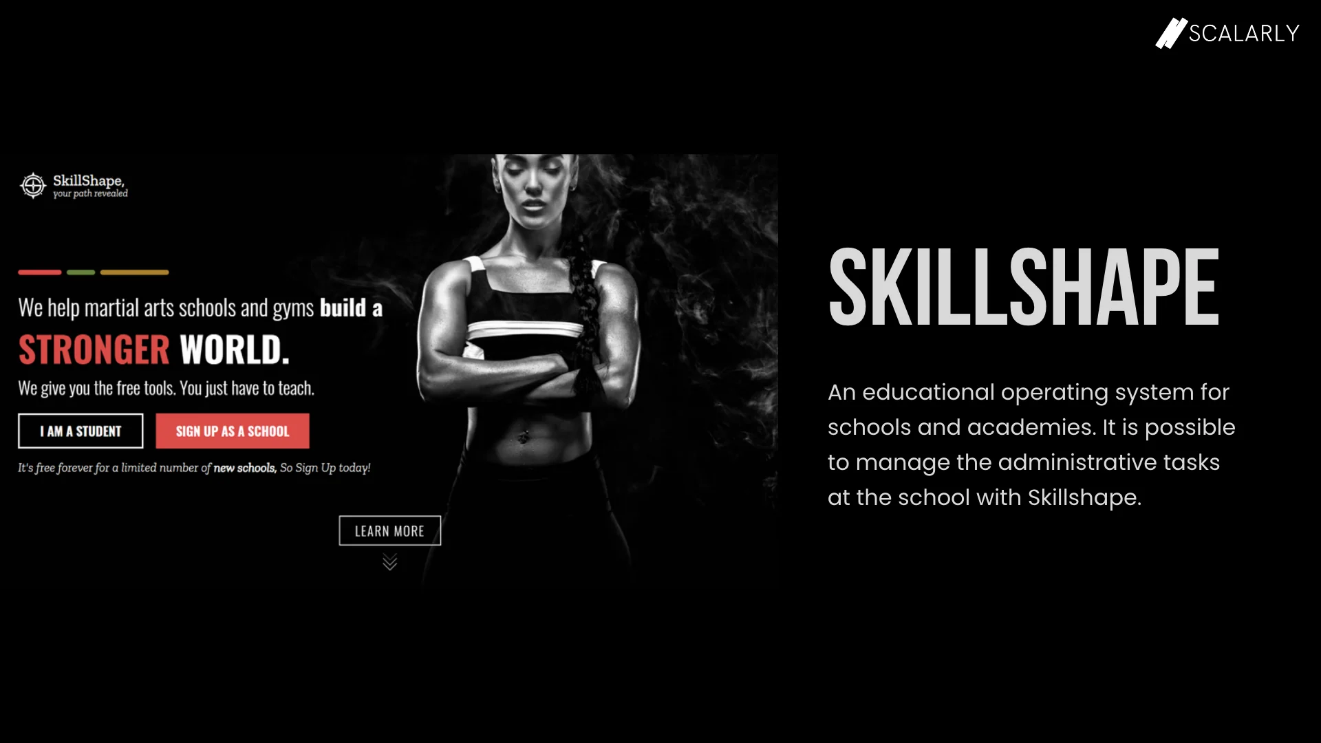 Landing negra de artes marciales de SkillShape con un atleta en portada y llamadas a la acción rojas.