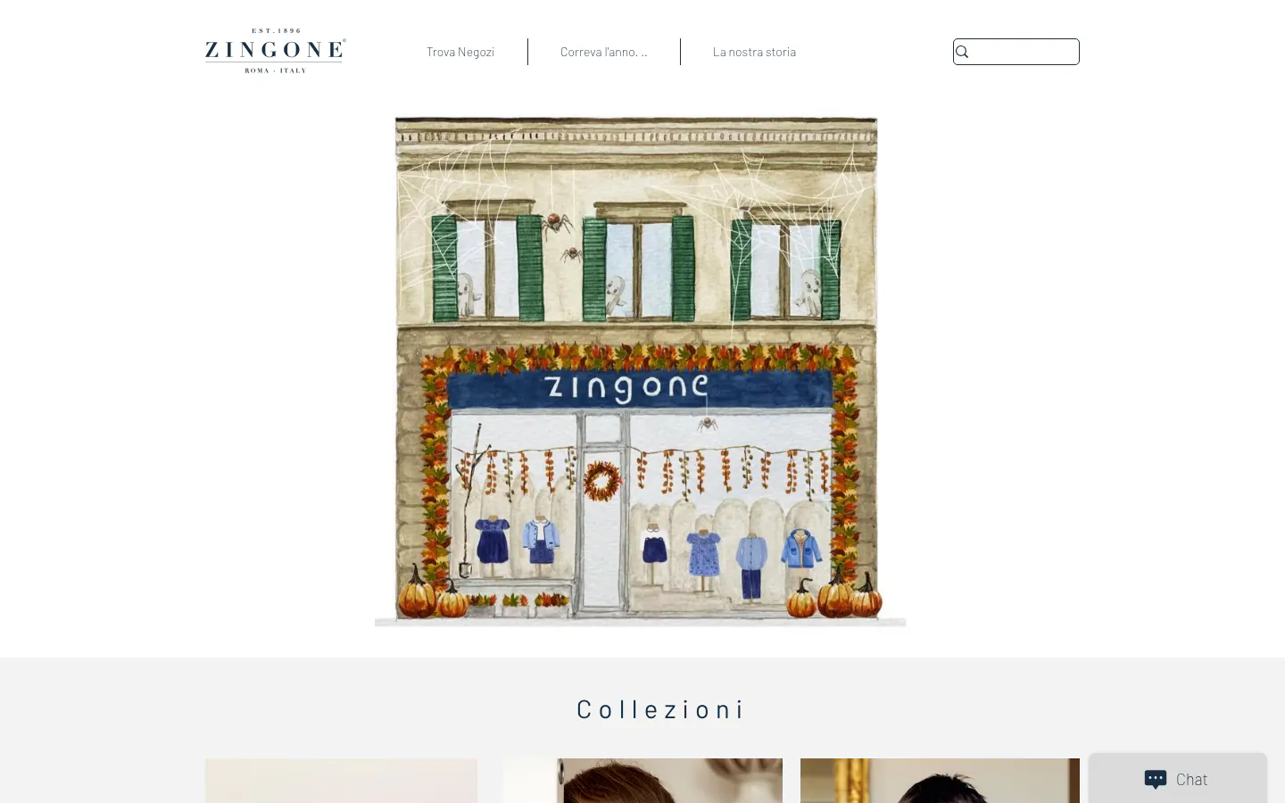 Página de inicio de Zingone con un escaparate otoñal ilustrado y la navegación de la marca en italiano.